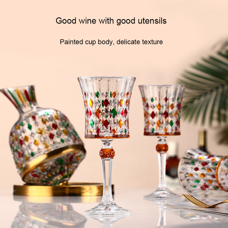 Gyro Decanter with Painted Diamond Colored Wine Glass Wine Deck Set Engraved Glass Gyro Decanter with Painted Diamond Colored Wine Glass Wine Deck Set Engraved Glass