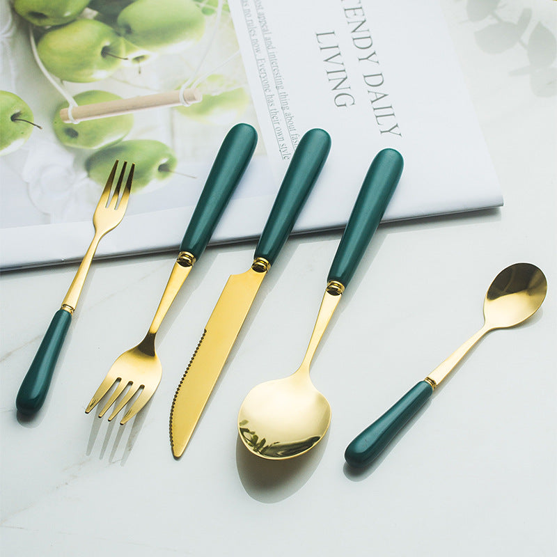 Modern Flatware Set Stainless Steel Gold Knife, Spoon, and Fork With Ceramic Handle Modern Flatware Set Stainless Steel Gold Knife, Spoon, and Fork With Ceramic Handle