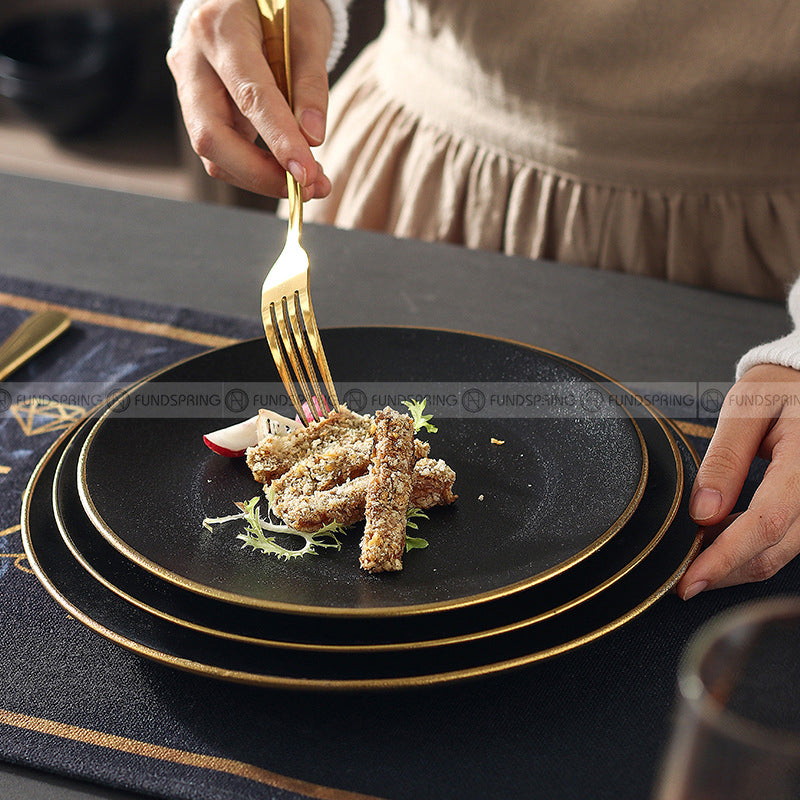 Ceramic Round Plate With Golden Edge Frosted Black Plates Flat Plates Ceramic Round Plate With Golden Edge Frosted Black Plates Flat Plates