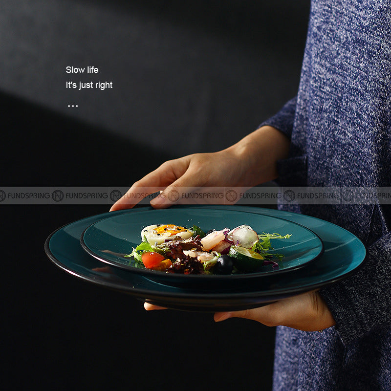 Nordic Peacock Blue Glaze Dinnerware Ceramic Flat Disc Shallow Plate Nordic Peacock Blue Glaze Dinnerware Ceramic Flat Disc Shallow Plate