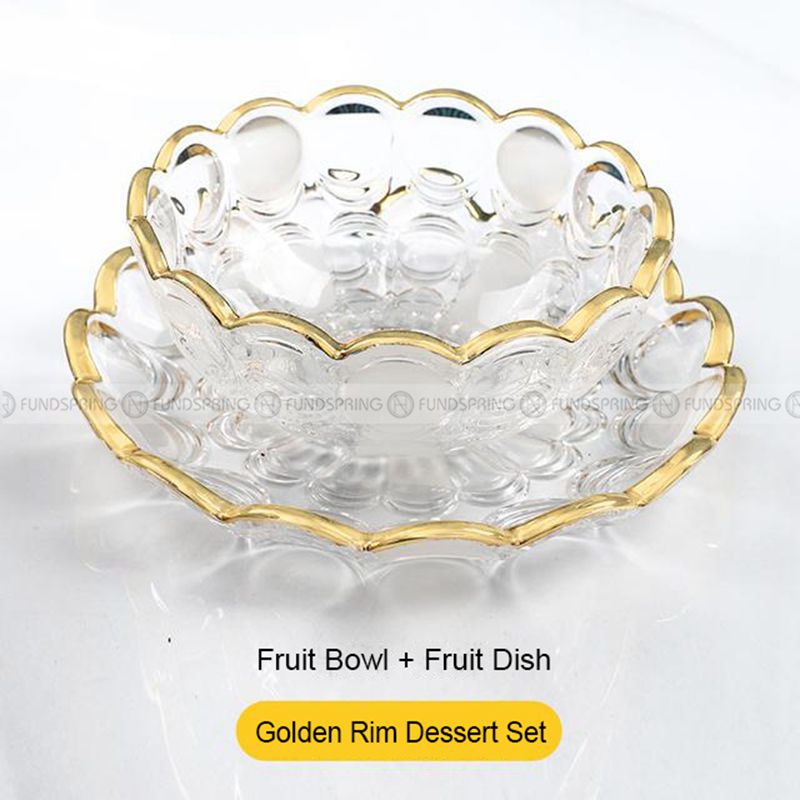Nordic Minimalist Golden-Rim Glass Fruit Bowl and Salad Plate Set Nordic Minimalist Golden-Rim Glass Fruit Bowl and Salad Plate Set