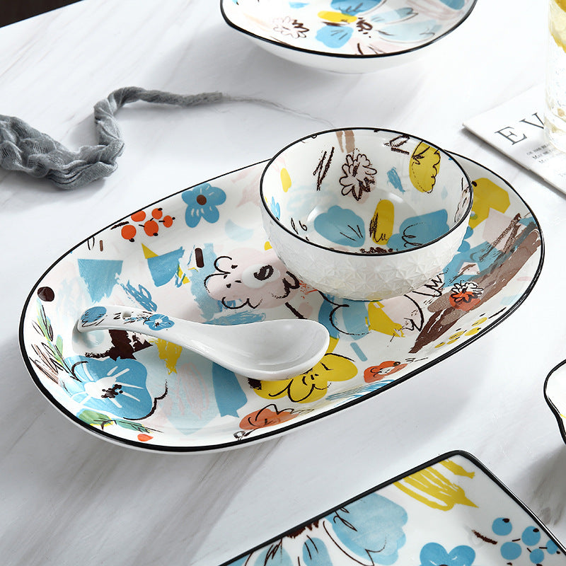 Hand-Drawn Doodle Ceramic Bowls and Plates - Household Dinnerware Hand-Drawn Doodle Ceramic Bowls and Plates - Household Dinnerware