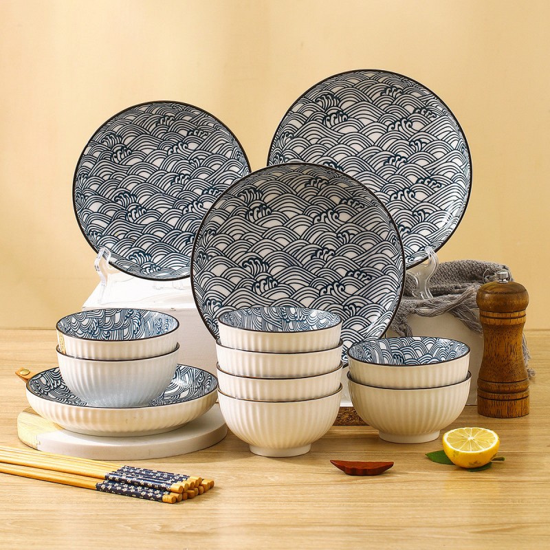 Artisanal Elegance: Vertical Pattern Underglaze Ceramic Dinnerware Set - 20 Pieces Artisanal Elegance: Vertical Pattern Underglaze Ceramic Dinnerware Set - 20 Pieces
