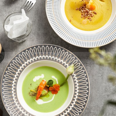 Nordic Straw Hat Disc Weiss Series White/Grey/Silver Ceramic Soup Plate Shallow Bowl 9.75"