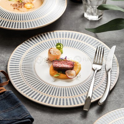 Designer Dinnerware Collection Weiss Series Grey/White with Gold Ring Ceramic Shallow Plate Designer Dinnerware Collection Weiss Series Grey/White with Gold Ring Ceramic Shallow Plate
