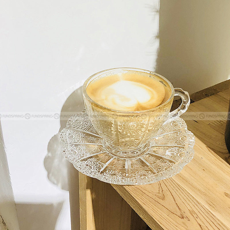 Crystal Glass Embossed Sun Flower Coffee Mug Cup and Saucer Set Crystal Glass Embossed Sun Flower Coffee Mug Cup and Saucer Set