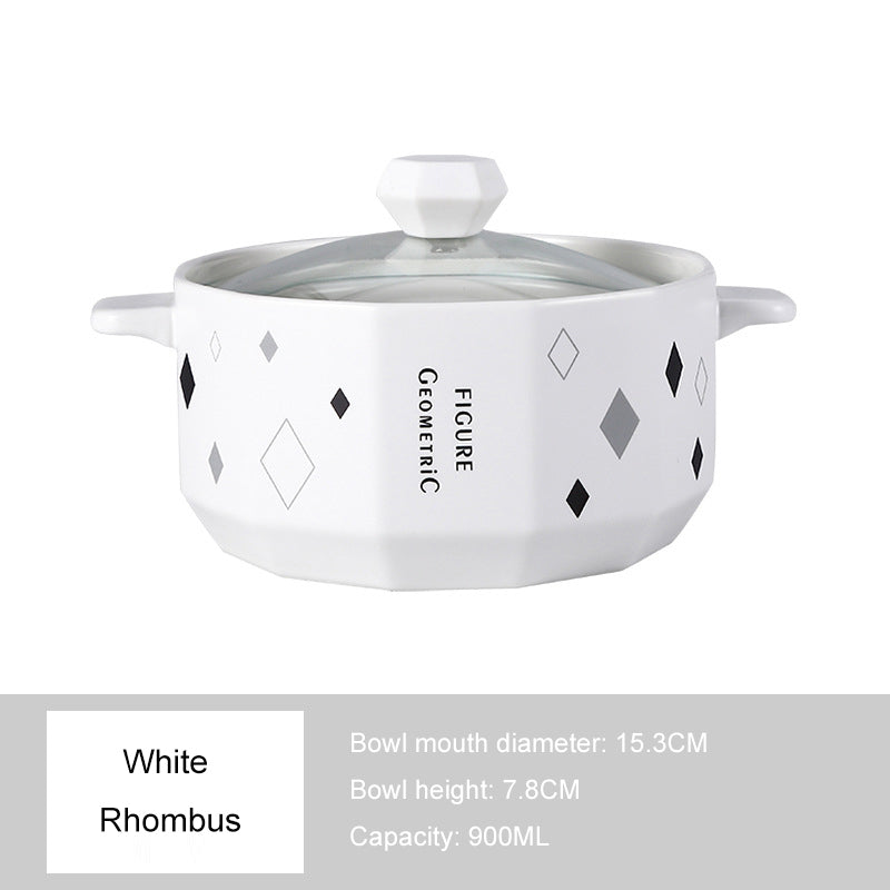 Double-eared Soup Bowl With Lid - Household Ceramic Bowl, Ideal for One-person Tableware Double-eared Soup Bowl With Lid - Household Ceramic Bowl, Ideal for One-person Tableware