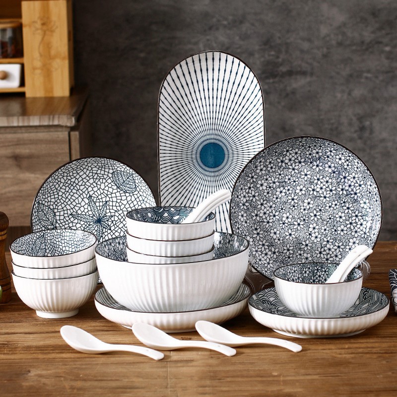 Japanese Retro Underglaze 22-Piece Tableware Dinnerware Set Japanese Retro Underglaze 22-Piece Tableware Dinnerware Set