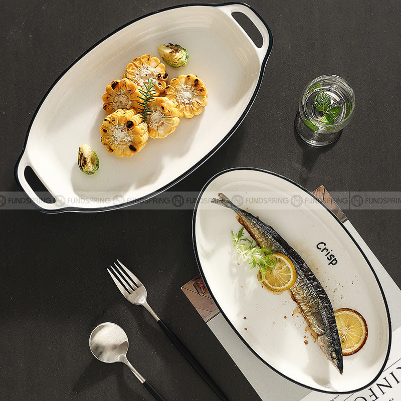 White Ceramic Tableware Irregular Shape Dinnerware Black Rim Plate White Ceramic Tableware Irregular Shape Dinnerware Black Rim Plate