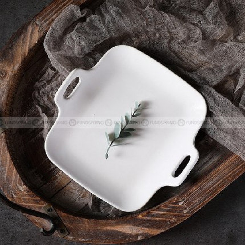 Japanese Matte Binaural Dinner Plate Nordic Square Dou-handle Baking Plate 7" Japanese Matte Binaural Dinner Plate Nordic Square Dou-handle Baking Plate 7"