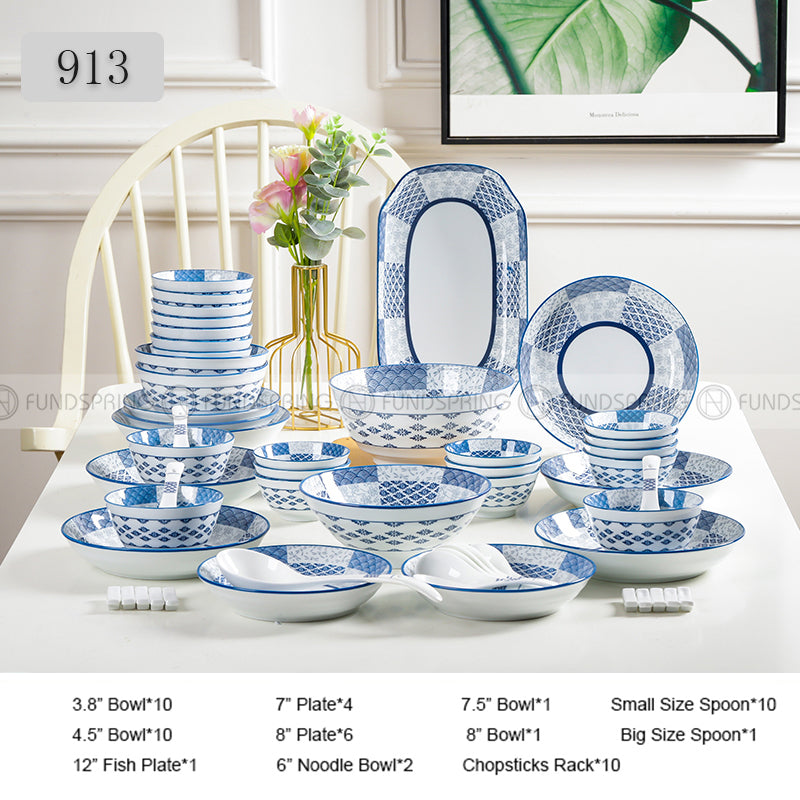 Japanese Ceramic Dinner Set Blue and White Dinnerware Set 46-Piece Japanese Ceramic Dinner Set Blue and White Dinnerware Set 46-Piece