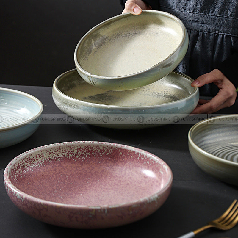 Kiln Change Ceramic Round Deep Plate Soup Plate Shallow Bowl Kiln Change Ceramic Round Deep Plate Soup Plate Shallow Bowl