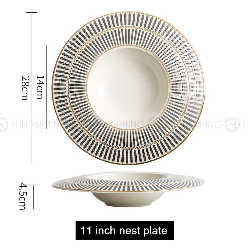 Designer Dinnerware Collection Weiss Series Grey/White with Gold Ring Ceramic Shallow Plate Designer Dinnerware Collection Weiss Series Grey/White with Gold Ring Ceramic Shallow Plate