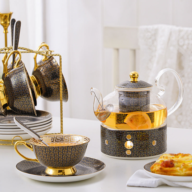 Bone China Tea Set with Infuser and Warmer Black Gold Infinite Grid Flower Coffee Set - 14 Pcs Bone China Tea Set with Infuser and Warmer Black Gold Infinite Grid Flower Coffee Set - 14 Pcs