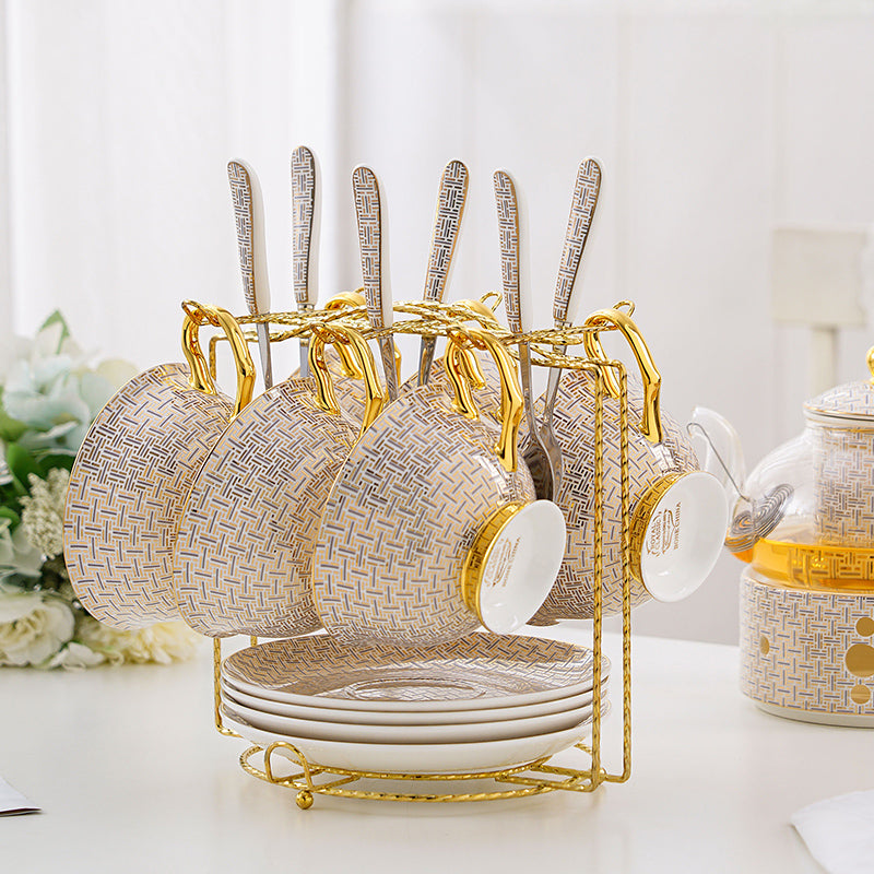 Tea Set with Infuser and Warmer Grey Gold Infinite Grid Bone China Flower Teapot Set - 14 Pieces Tea Set with Infuser and Warmer Grey Gold Infinite Grid Bone China Flower Teapot Set - 14 Pieces