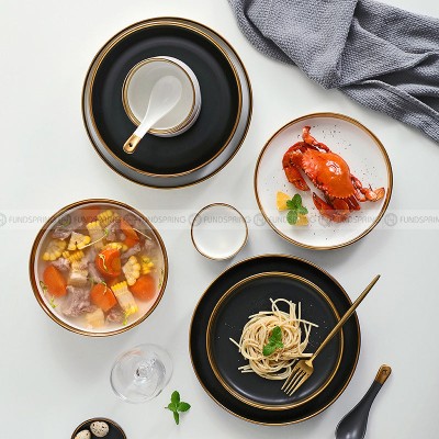 Simplicity Ceramic Tableware Black White With Gold Rim Plates Bowls Simplicity Ceramic Tableware Black White With Gold Rim Plates Bowls