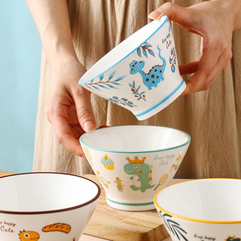 Dino Delight Ceramic Dinner Bowls - Whimsical Hat Shape, 5'' Dino Delight Ceramic Dinner Bowls - Whimsical Hat Shape, 5''