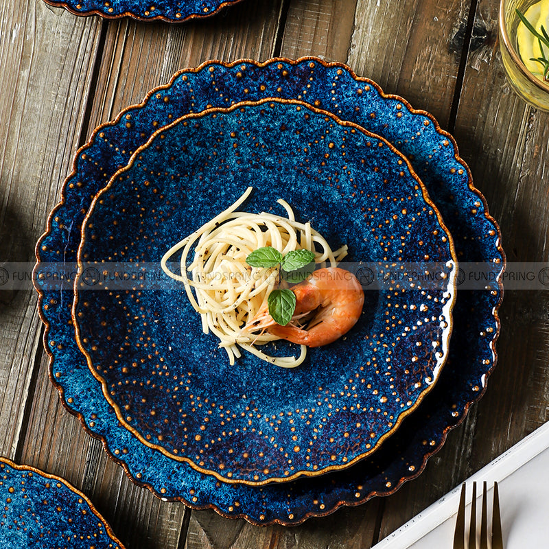 Ceramic Dinner Plate Creative Blue Steak Plate Petal Edge Plate 8" and 10" Set of 2 Ceramic Dinner Plate Creative Blue Steak Plate Petal Edge Plate 8" and 10" Set of 2