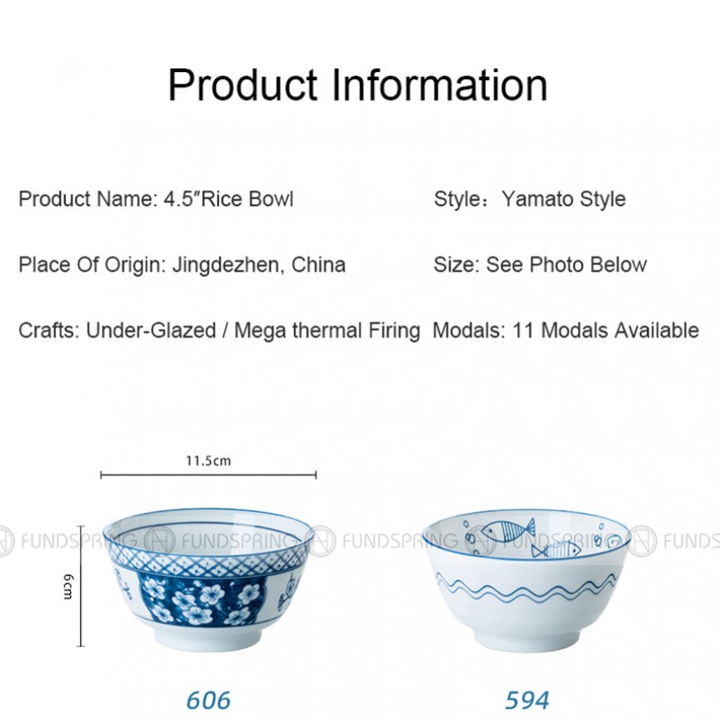 Blue and White Under Glazed Ceramic Bowl Japan Style 4.5" Set of 4 Blue and White Under Glazed Ceramic Bowl Japan Style 4.5" Set of 4