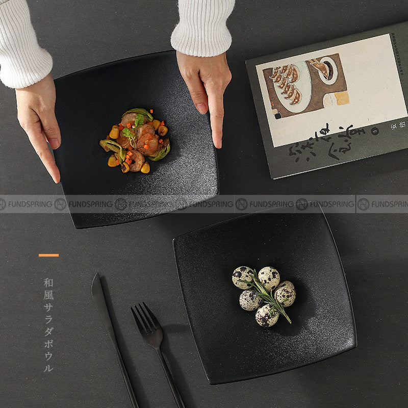 Ceramic Black Matte Disc Square Shallow Platter High Feet Plate 7.5" Ceramic Black Matte Disc Square Shallow Platter High Feet Plate 7.5"