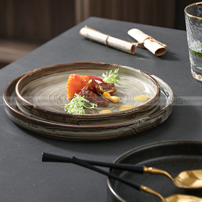 Japanese Vintage Dinnerware Ceramic Kiln Change Flat Dinning Plate Japanese Vintage Dinnerware Ceramic Kiln Change Flat Dinning Plate