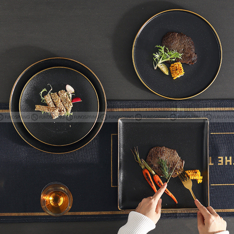 Ceramic Round Plate With Golden Edge Frosted Black Plates Flat Plates Ceramic Round Plate With Golden Edge Frosted Black Plates Flat Plates