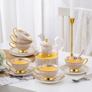 Tea Set with Infuser and Warmer Grey Gold Infinite Grid Bone China Flower Teapot Set - 14 Pieces Tea Set with Infuser and Warmer Grey Gold Infinite Grid Bone China Flower Teapot Set - 14 Pieces
