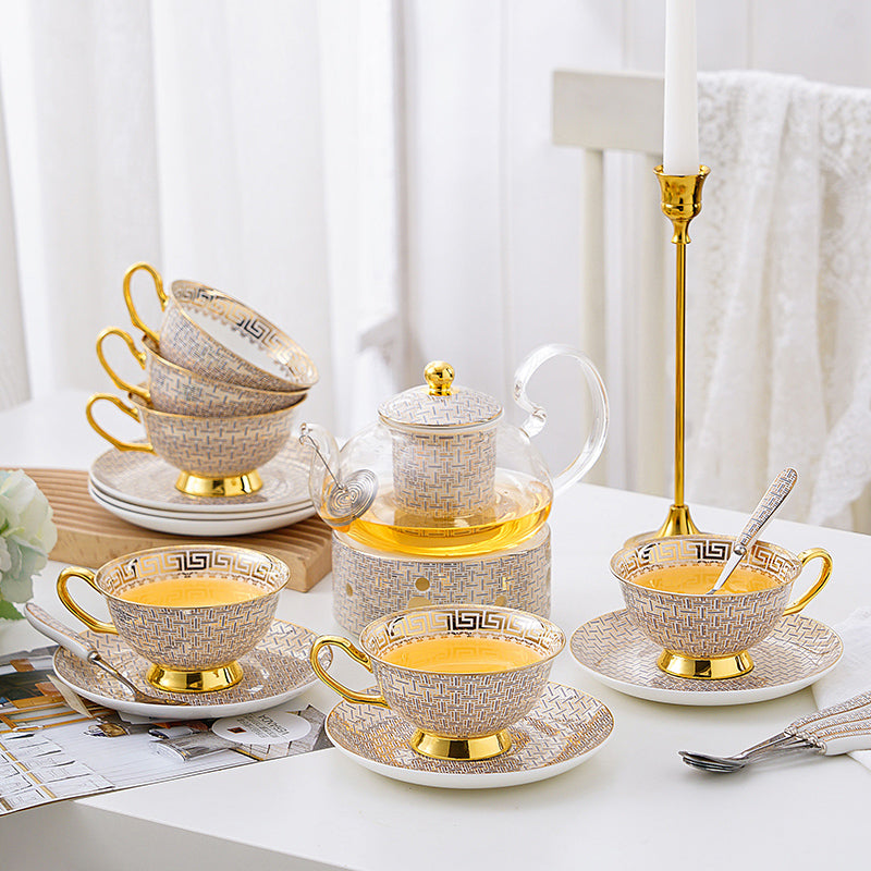 Tea Set with Infuser and Warmer Grey Gold Infinite Grid Bone China Flower Teapot Set - 14 Pieces