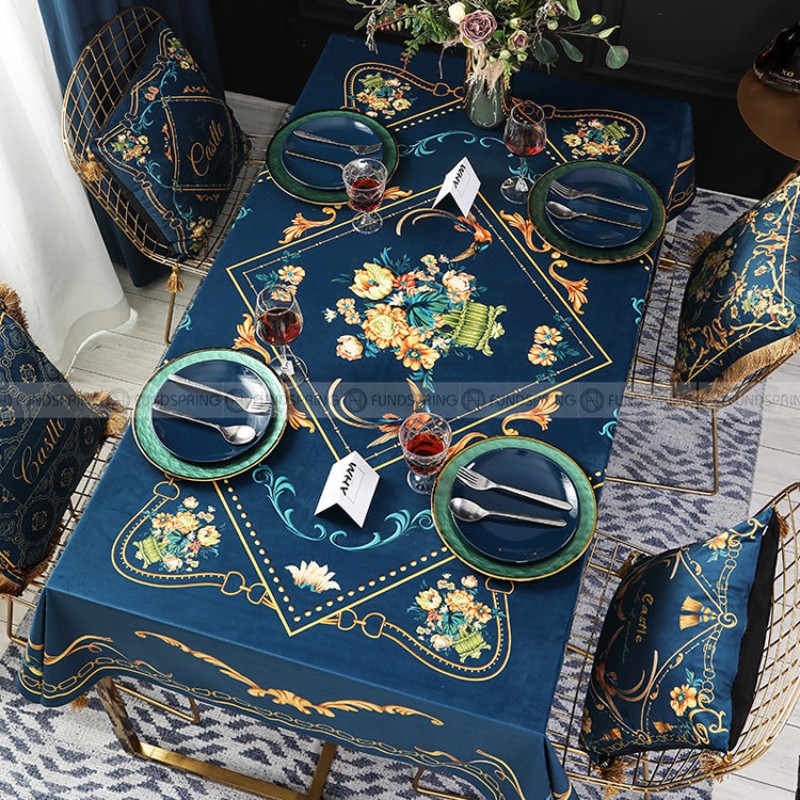 Rococo Tablecloth Blue Table Cover Retro Style Velvet Table Cloth Rococo Tablecloth Blue Table Cover Retro Style Velvet Table Cloth