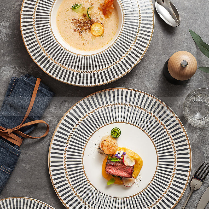Designer Dinnerware Collection Weiss Series Grey/White with Gold Ring Ceramic Shallow Plate Designer Dinnerware Collection Weiss Series Grey/White with Gold Ring Ceramic Shallow Plate