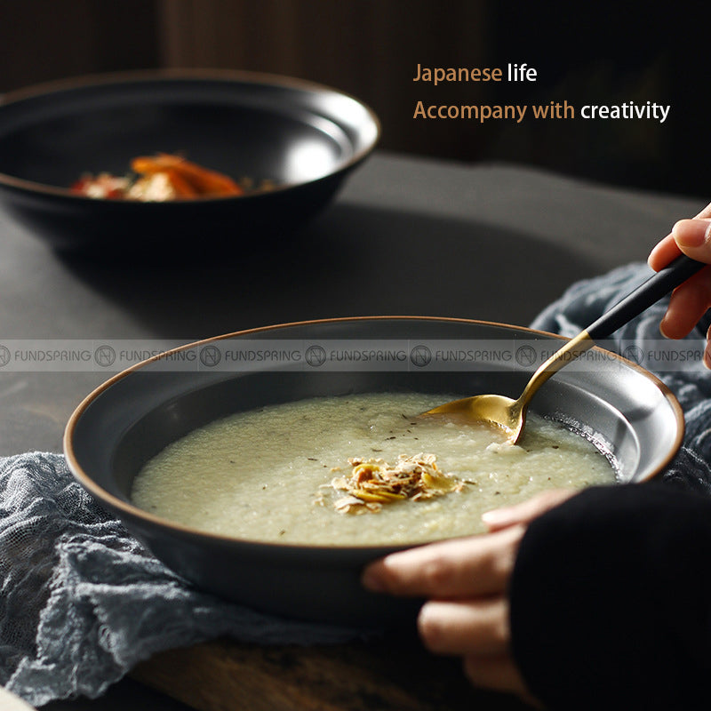 Nordic Matte Deep Dish Disc Korean Creative Brown Line Shallow Bowl 8.5" Nordic Matte Deep Dish Disc Korean Creative Brown Line Shallow Bowl 8.5"
