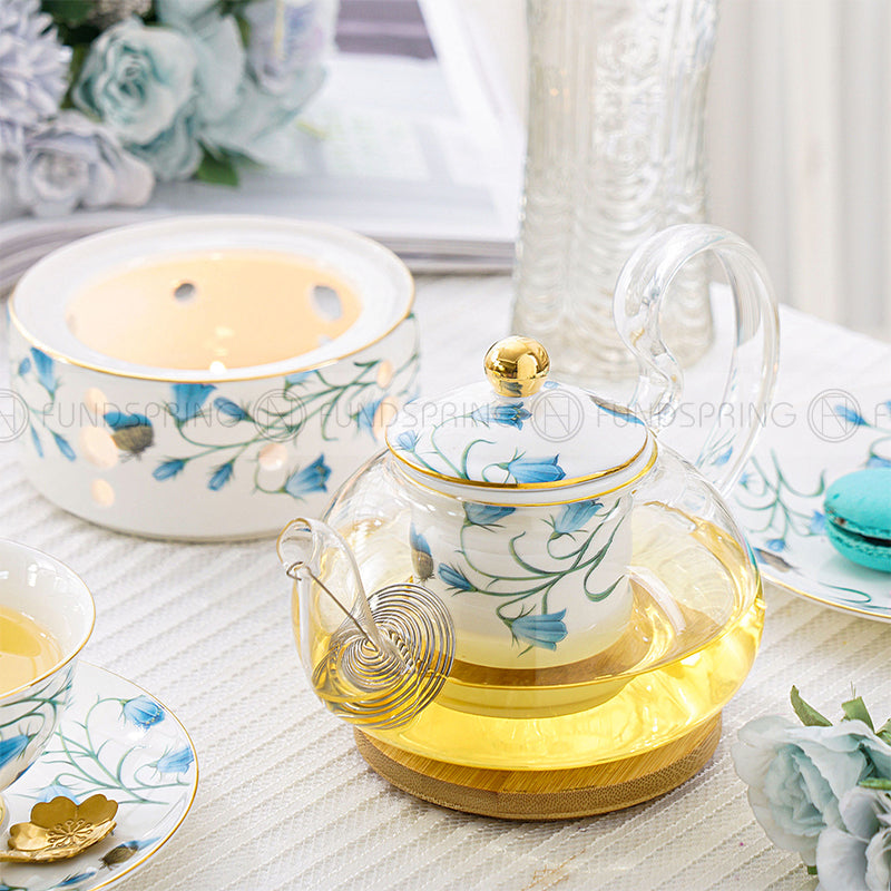 Elegant Bone China Tea Set with Glass Teapot, Infuser, Warmer, Coffee Cups, and Saucer - 10 Pieces Elegant Bone China Tea Set with Glass Teapot, Infuser, Warmer, Coffee Cups, and Saucer - 10 Pieces
