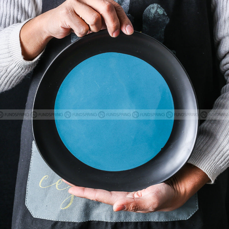 Creative Ceramic Plate Black with Blue Shallow Plate Round/Triangle Plate Platter Creative Ceramic Plate Black with Blue Shallow Plate Round/Triangle Plate Platter