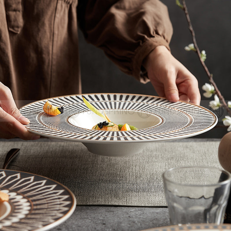 Nordic Straw Hat Plate Weiss Series Ceramic Soup Plate Shallow Bowl White/Grey/Gold 11" Nordic Straw Hat Plate Weiss Series Ceramic Soup Plate Shallow Bowl White/Grey/Gold 11"