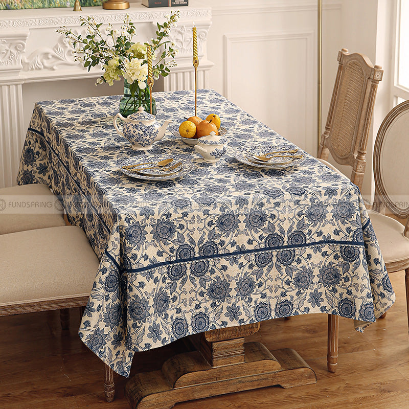 Blue Tangyun Grass Tablecloth Spun Line Desk Cover Vintage Table Cloth