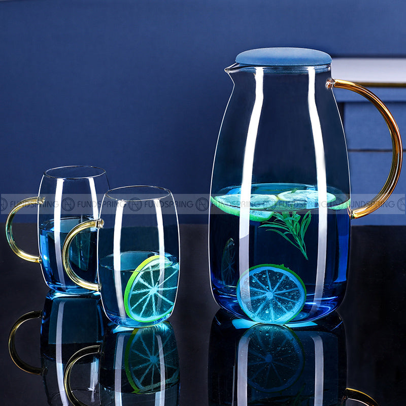 Blue Haze Elegance: Glass Pitcher & Tumbler Set with Stylish Tray