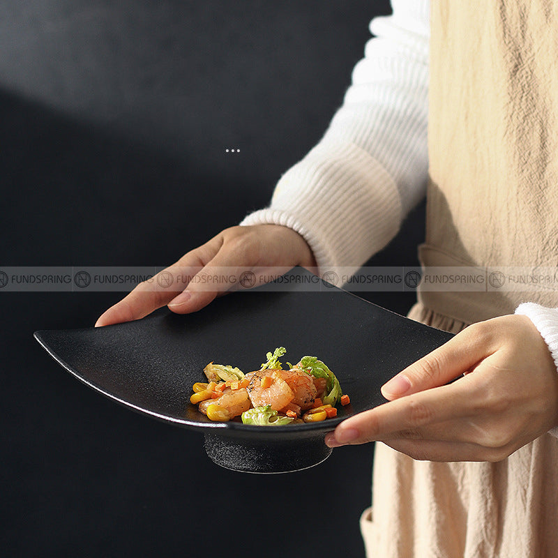 Ceramic Black Matte Disc Square Shallow Platter High Feet Plate 7.5" Ceramic Black Matte Disc Square Shallow Platter High Feet Plate 7.5"