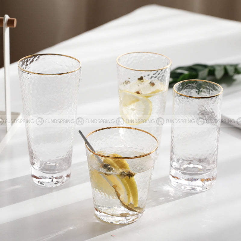 Tumbler Glass Set of 6 Transparent Hammer Golden Rim Water Cup