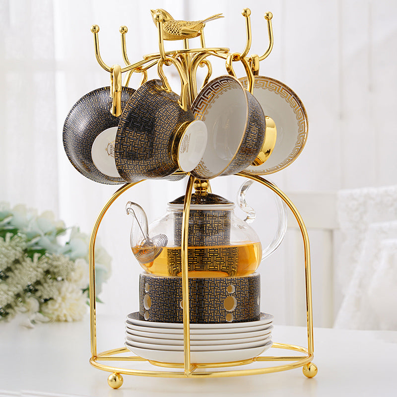Bone China Tea Set with Infuser and Warmer Black Gold Infinite Grid Flower Coffee Set - 14 Pcs Bone China Tea Set with Infuser and Warmer Black Gold Infinite Grid Flower Coffee Set - 14 Pcs