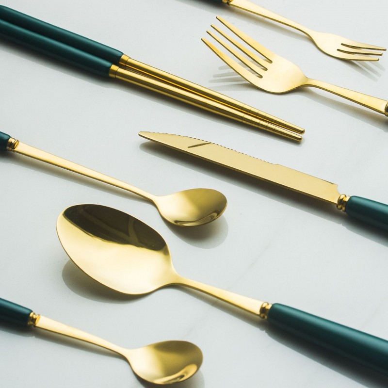 Modern Flatware Set Stainless Steel Gold Knife, Spoon, and Fork With Ceramic Handle Modern Flatware Set Stainless Steel Gold Knife, Spoon, and Fork With Ceramic Handle