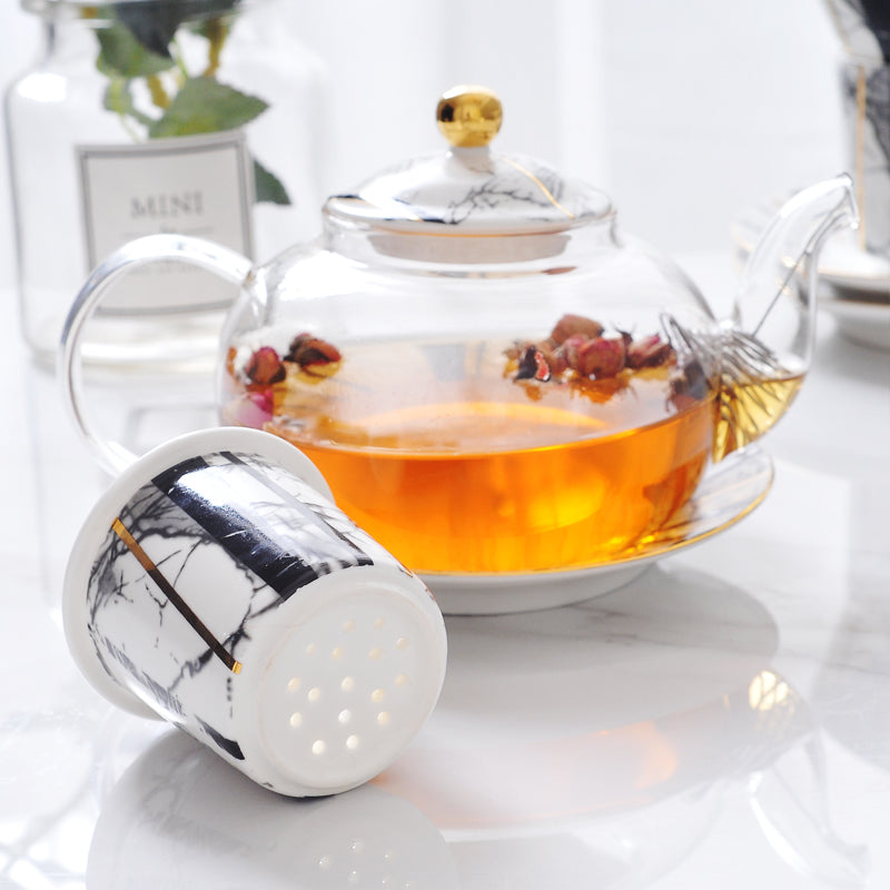 Bone China Tea Set with Infuser and Warmer, Marble Pattern, Glass Teapot and Tea Cups with Saucers - Set of 10 Bone China Tea Set with Infuser and Warmer, Marble Pattern, Glass Teapot and Tea Cups with Saucers - Set of 10