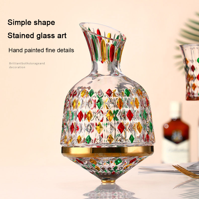 Gyro Decanter with Painted Diamond Colored Wine Glass Wine Deck Set Engraved Glass Gyro Decanter with Painted Diamond Colored Wine Glass Wine Deck Set Engraved Glass