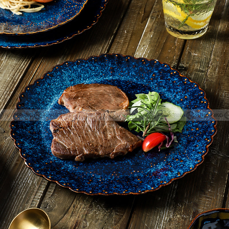 Ceramic Dinner Plate Creative Blue Steak Plate Petal Edge Plate 8" and 10" Set of 2 Ceramic Dinner Plate Creative Blue Steak Plate Petal Edge Plate 8" and 10" Set of 2