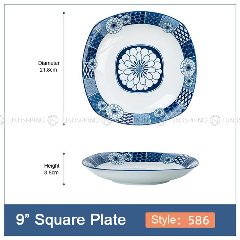 Japanese Blue and White Ceramic Square Dinner Plates 9" Set of 4 Japanese Blue and White Ceramic Square Dinner Plates 9" Set of 4