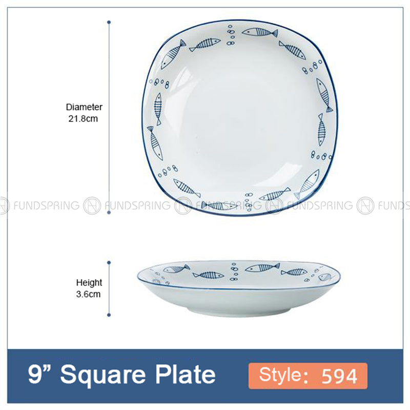 Japanese Blue and White Ceramic Square Dinner Plates 9" Set of 4 Japanese Blue and White Ceramic Square Dinner Plates 9" Set of 4