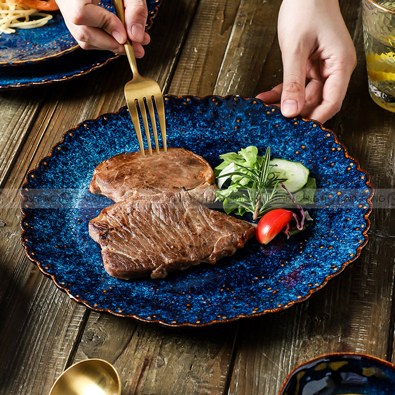 Ceramic Dinner Plate Creative Blue Steak Plate Petal Edge Plate 8" and 10" Set of 2 Ceramic Dinner Plate Creative Blue Steak Plate Petal Edge Plate 8" and 10" Set of 2