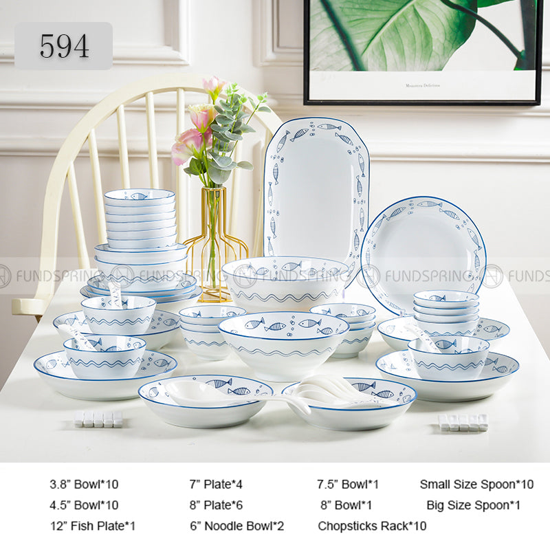 Japanese Ceramic Dinner Set Blue and White Dinnerware Set 46-Piece Japanese Ceramic Dinner Set Blue and White Dinnerware Set 46-Piece