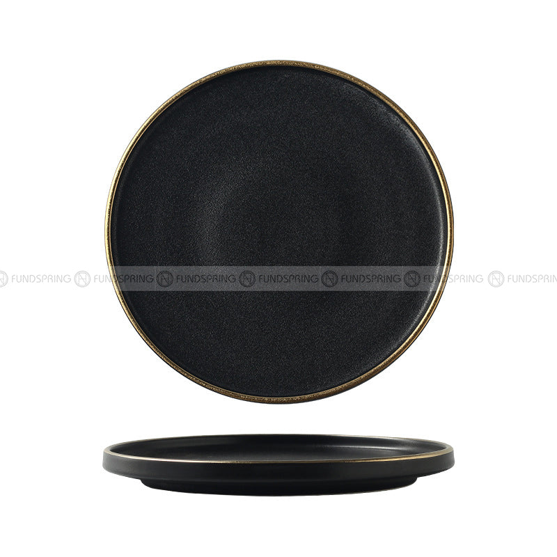 Ceramic Round Plate With Golden Edge Frosted Black Plates Flat Plates Ceramic Round Plate With Golden Edge Frosted Black Plates Flat Plates