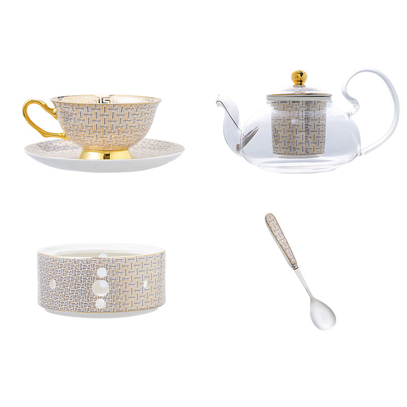 Tea Set with Infuser and Warmer Grey Gold Infinite Grid Bone China Flower Teapot Set - 14 Pieces Tea Set with Infuser and Warmer Grey Gold Infinite Grid Bone China Flower Teapot Set - 14 Pieces