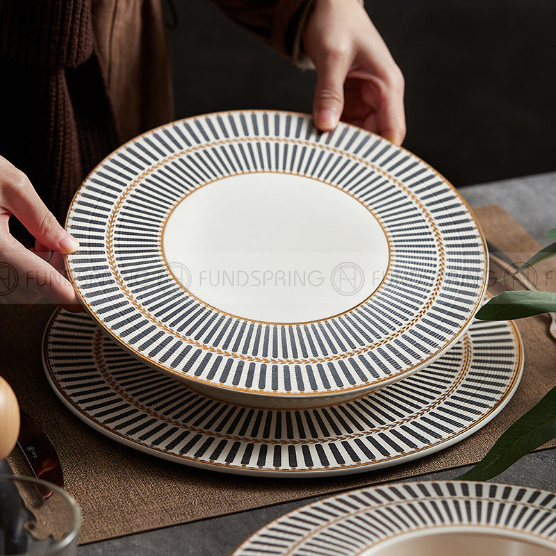 Designer Dinnerware Collection Weiss Series Grey/White with Gold Ring Ceramic Shallow Plate Designer Dinnerware Collection Weiss Series Grey/White with Gold Ring Ceramic Shallow Plate